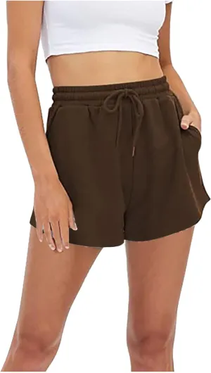 Linen Shorts for Women Casual Solid High Waisted Shorts Summer Wide Leg Drawstring Short Comfy Beach Pocketed Short