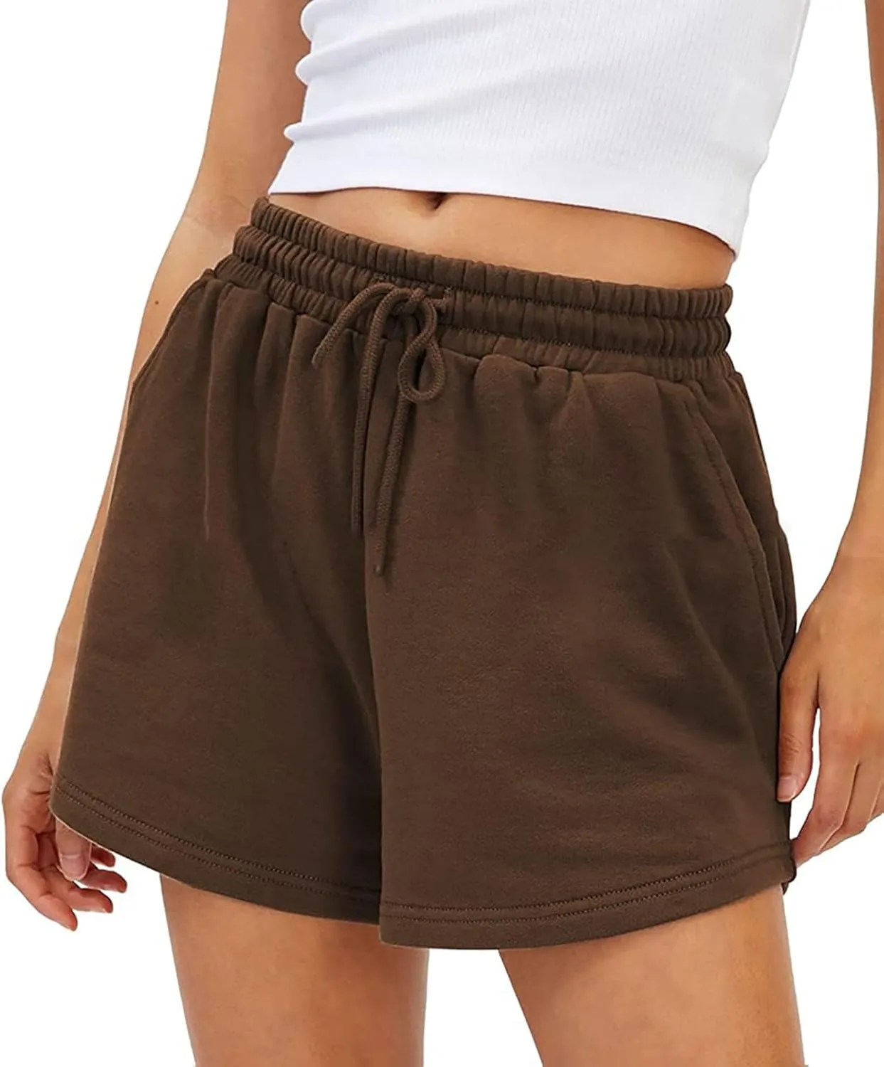 Linen Shorts for Women Casual Solid High Waisted Shorts Summer Wide Leg Drawstring Short Comfy Beach Pocketed Short