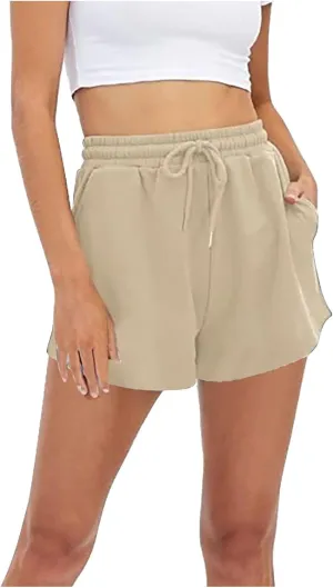 Linen Shorts for Women Casual Solid High Waisted Shorts Summer Wide Leg Drawstring Short Comfy Beach Pocketed Short