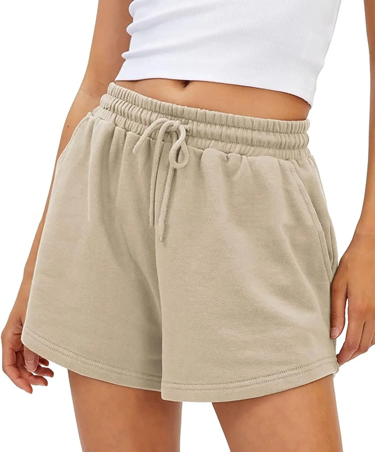 Linen Shorts for Women Casual Solid High Waisted Shorts Summer Wide Leg Drawstring Short Comfy Beach Pocketed Short