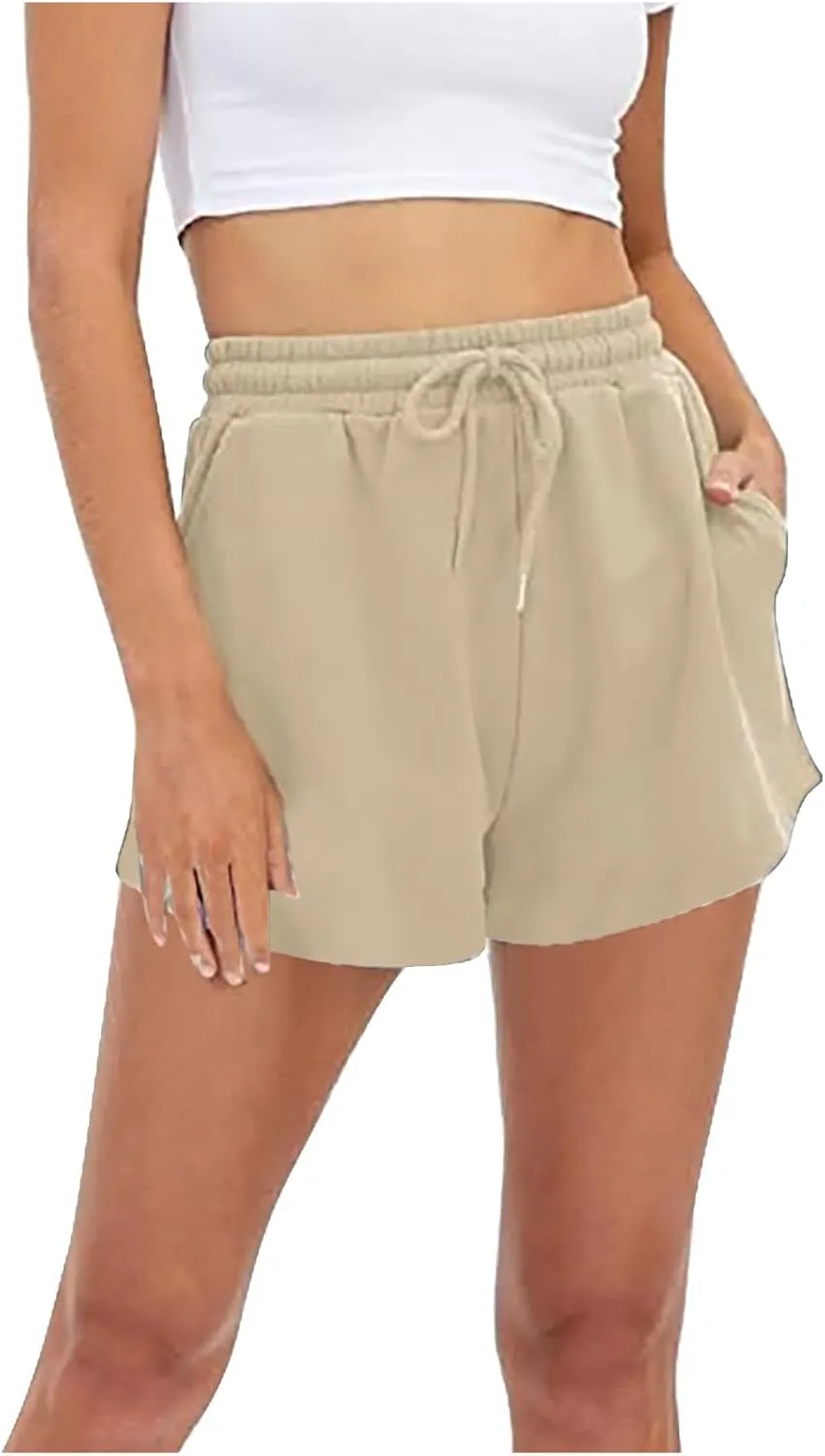 Linen Shorts for Women Casual Solid High Waisted Shorts Summer Wide Leg Drawstring Short Comfy Beach Pocketed Short