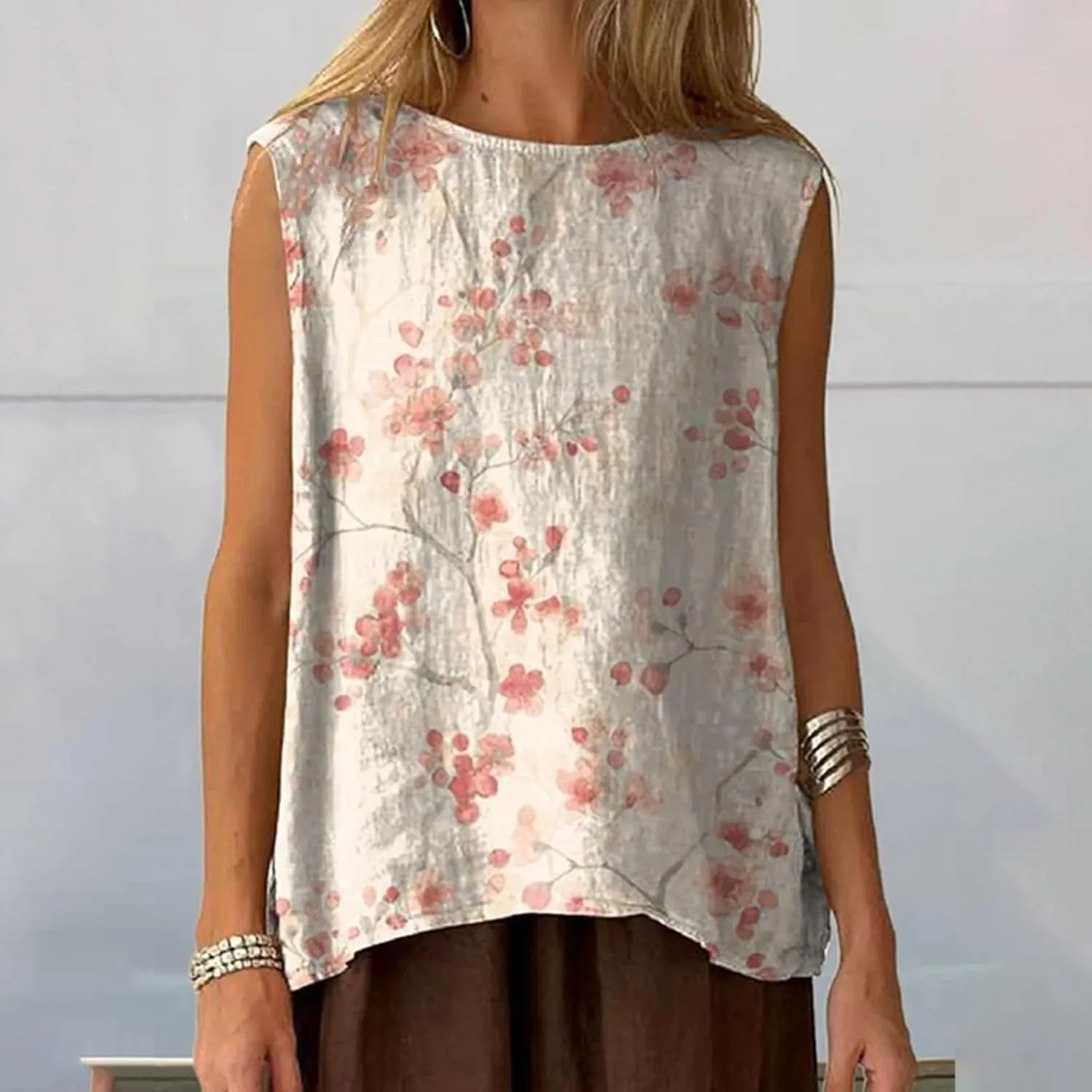 Linen Tank Tops for Women Summer Sleeveless Crewneck Blouse Casual Solid Color Loose Basic Shirt Vest Plus Size