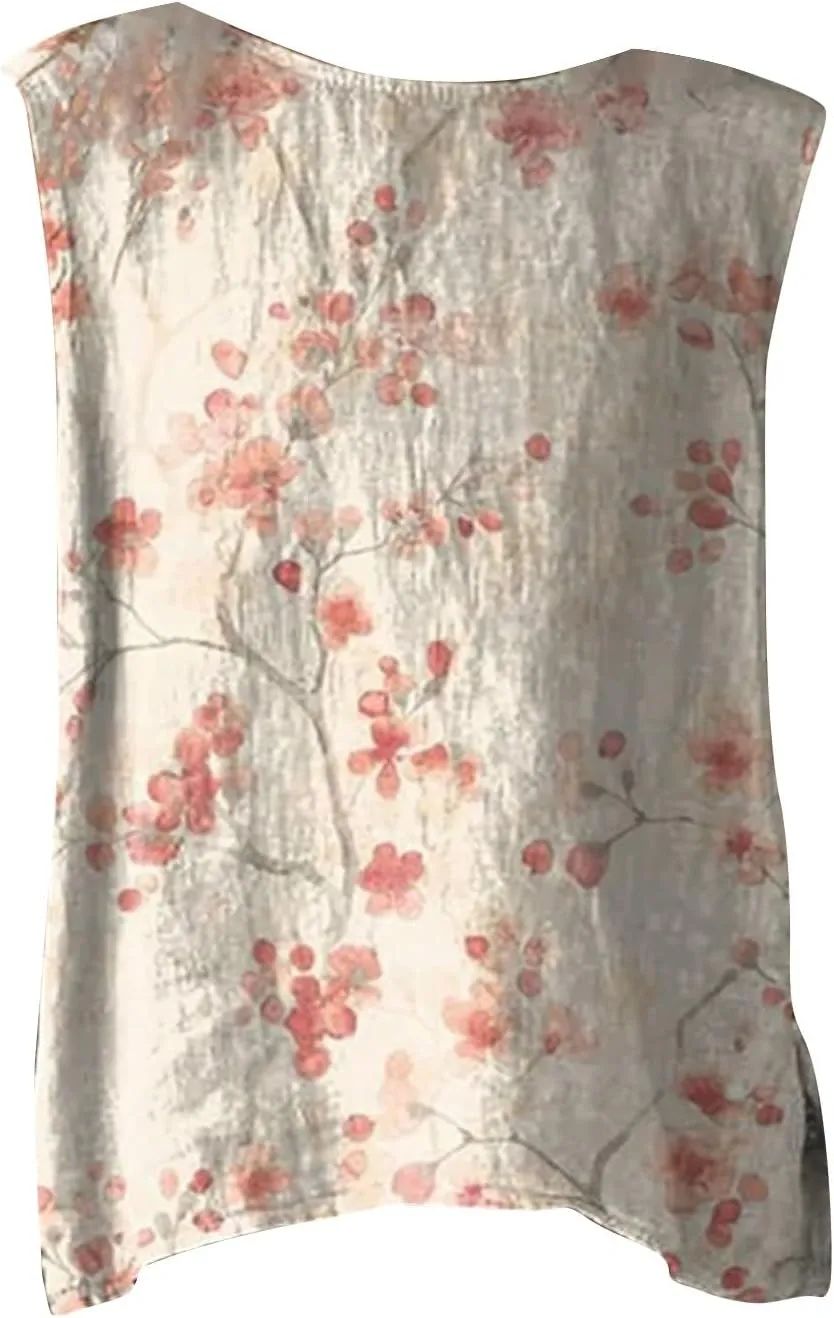 Linen Tank Tops for Women Summer Sleeveless Crewneck Blouse Casual Solid Color Loose Basic Shirt Vest Plus Size