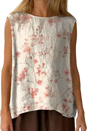 Linen Tank Tops for Women Summer Sleeveless Crewneck Blouse Casual Solid Color Loose Basic Shirt Vest Plus Size