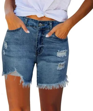LIXIAO Women's Casual Mid Rise Denim Shorts Stretch Ripped Raw Hem Jean Shorts High Waisted Shorts
