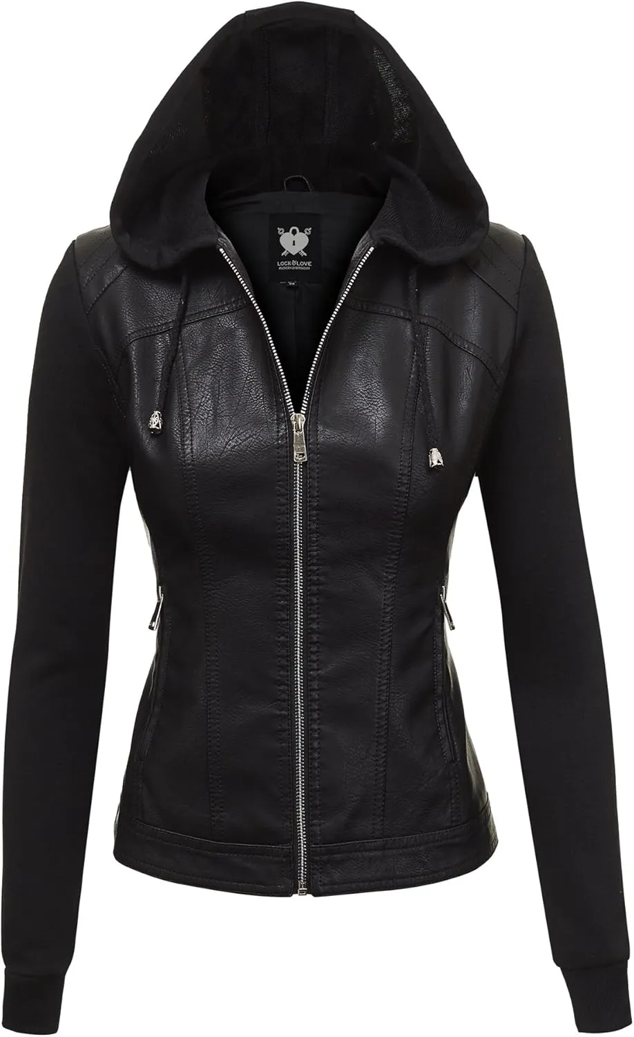 Lock and Love Women's Faux Leather Moto Biker Jacket Coat with Removable or Non-Removable Hood