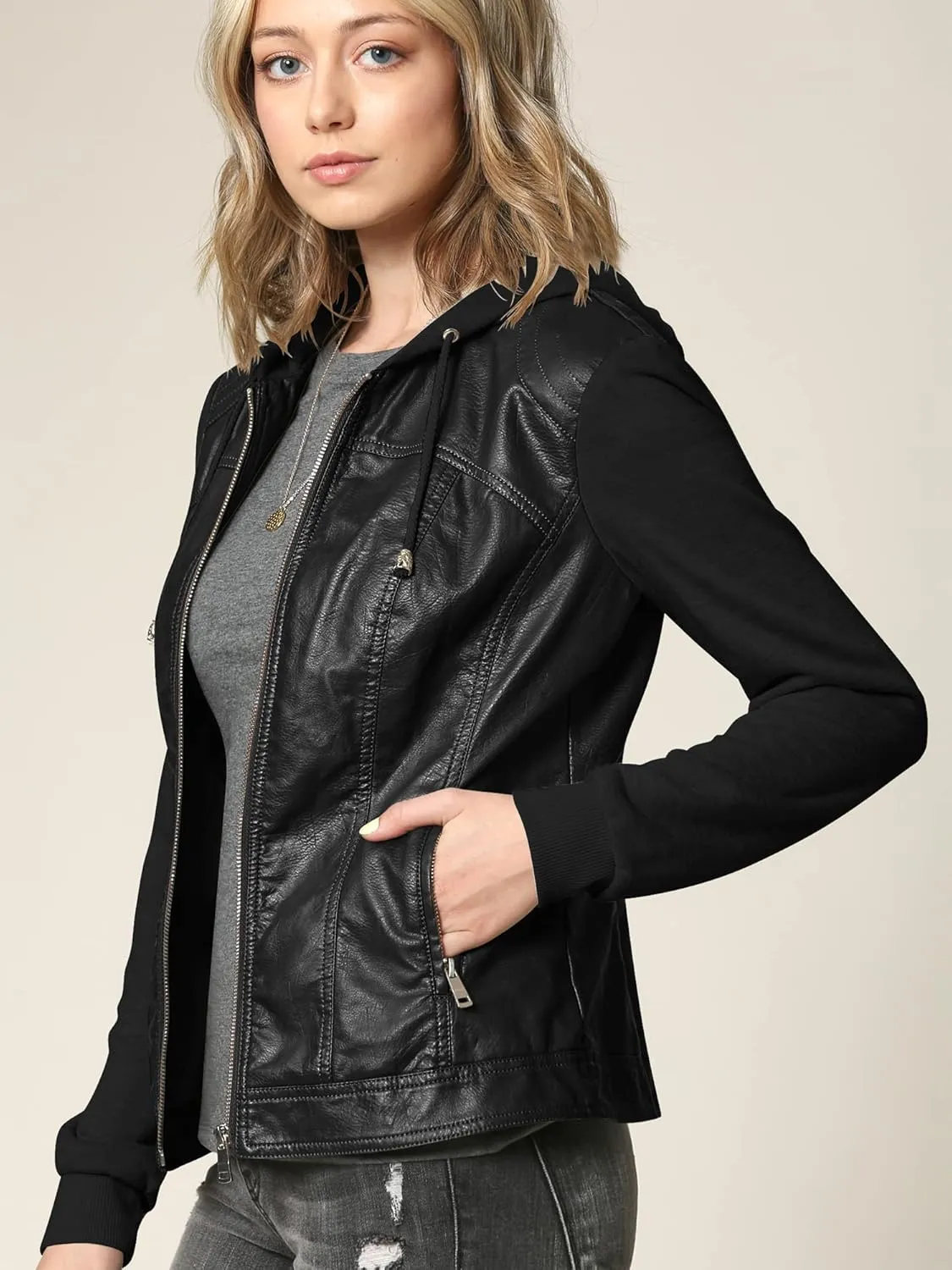 Lock and Love Women's Faux Leather Moto Biker Jacket Coat with Removable or Non-Removable Hood