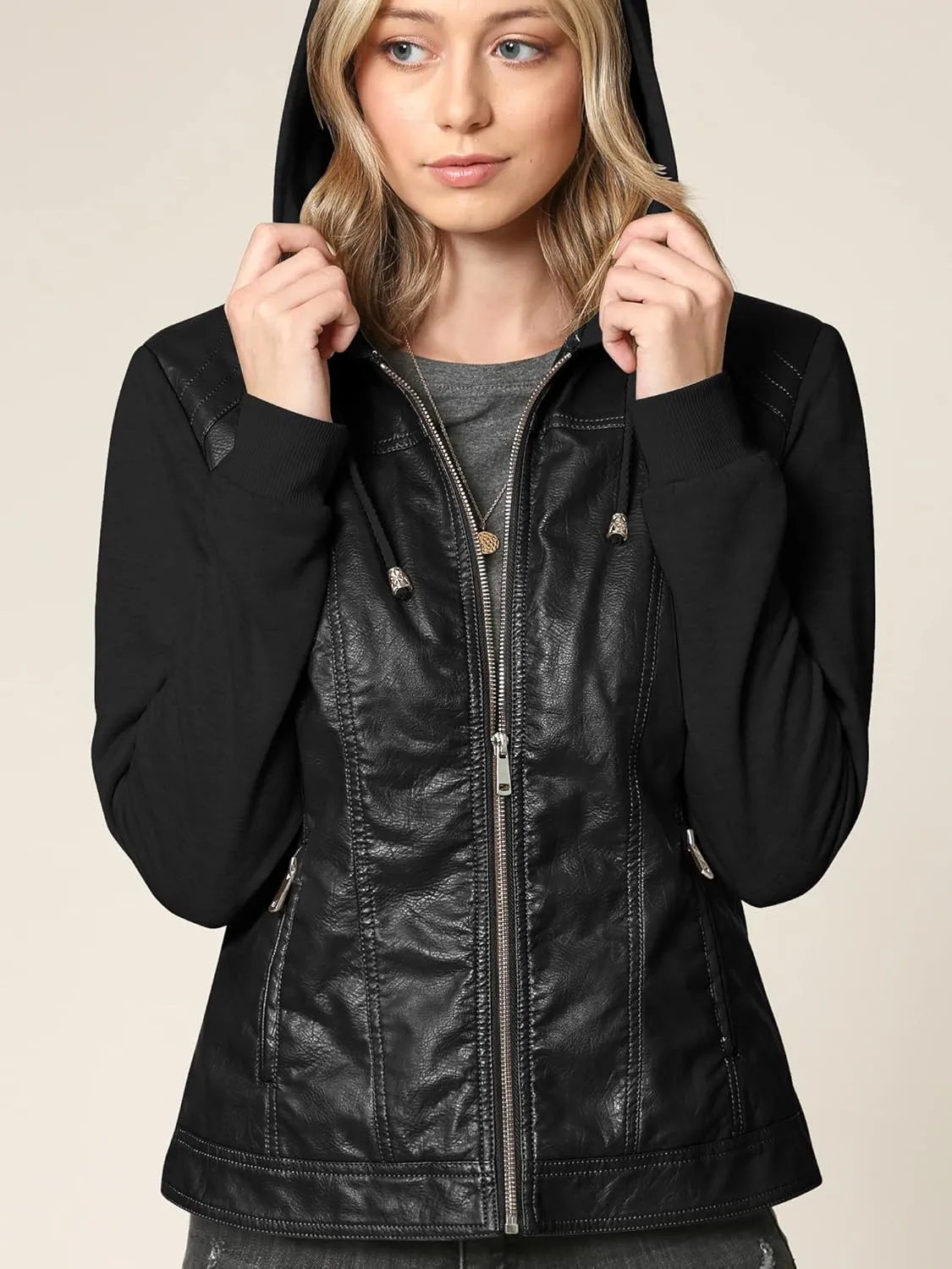 Lock and Love Women's Faux Leather Moto Biker Jacket Coat with Removable or Non-Removable Hood