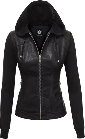 Lock and Love Women's Faux Leather Moto Biker Jacket Coat with Removable or Non-Removable Hood