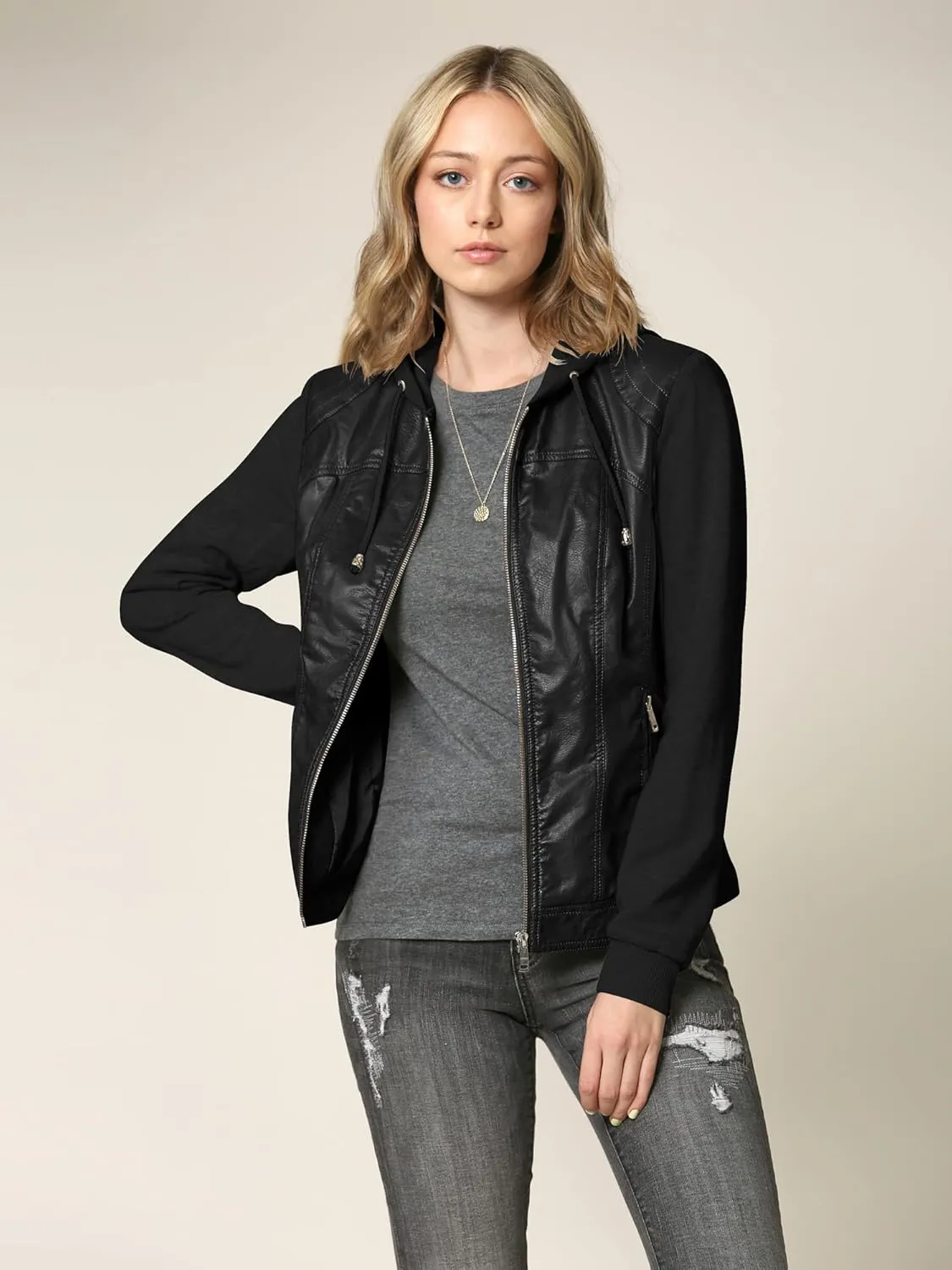 Lock and Love Women's Faux Leather Moto Biker Jacket Coat with Removable or Non-Removable Hood