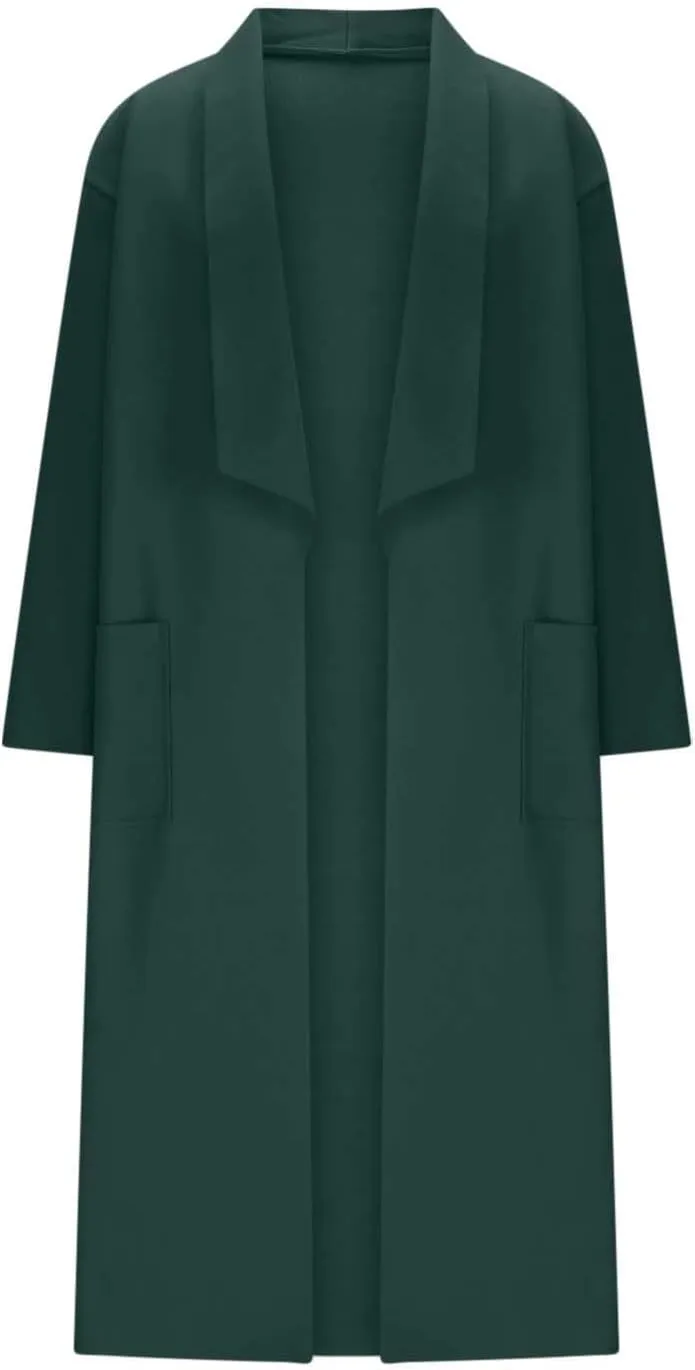 Long Lapel Coat for Women Plus Size Wool Blend Coat Winter Warm Peacoat Casual Open Front Cardigan Tops with Pockets
