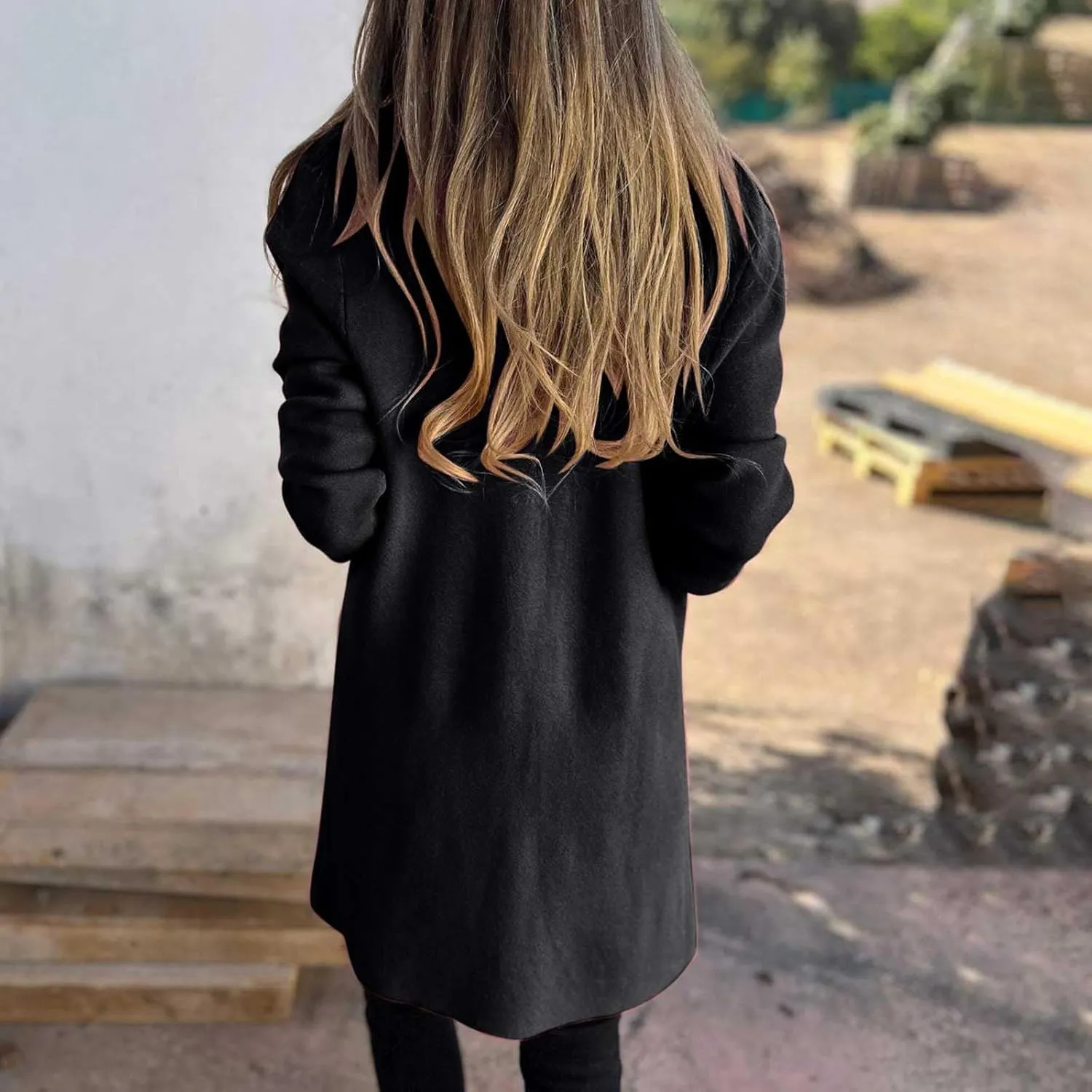 Long Lapel Coat for Women Plus Size Wool Blend Coat Winter Warm Peacoat Casual Open Front Cardigan Tops with Pockets