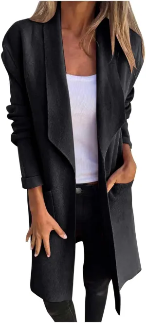 Long Lapel Coat for Women Plus Size Wool Blend Coat Winter Warm Peacoat Casual Open Front Cardigan Tops with Pockets