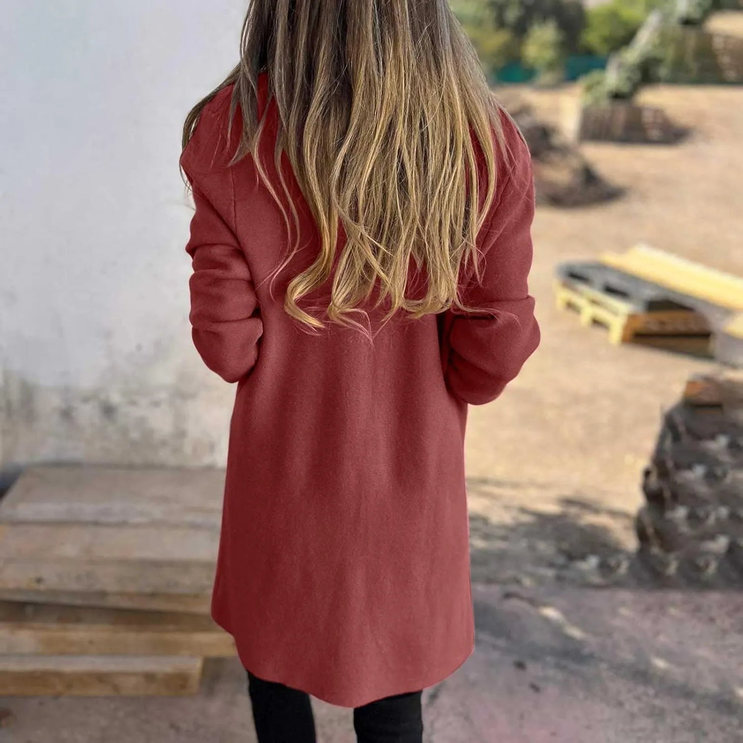 Long Lapel Coat for Women Plus Size Wool Blend Coat Winter Warm Peacoat Casual Open Front Cardigan Tops with Pockets