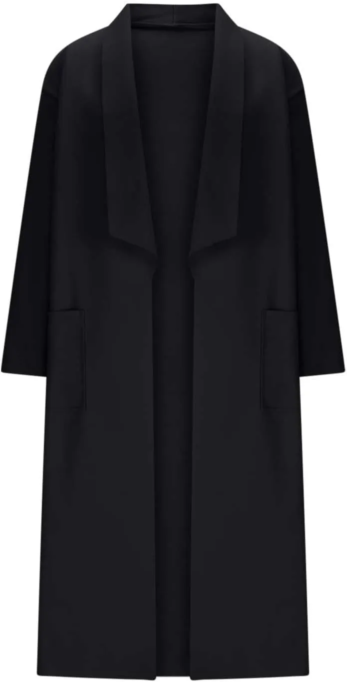 Long Lapel Coat for Women Plus Size Wool Blend Coat Winter Warm Peacoat Casual Open Front Cardigan Tops with Pockets