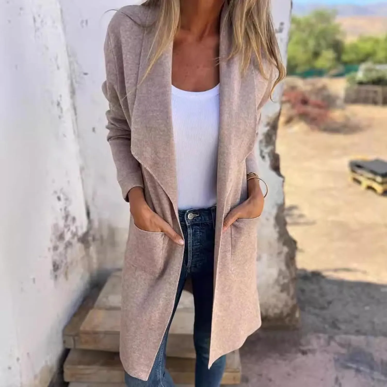 Long Lapel Coat for Women Plus Size Wool Blend Coat Winter Warm Peacoat Casual Open Front Cardigan Tops with Pockets