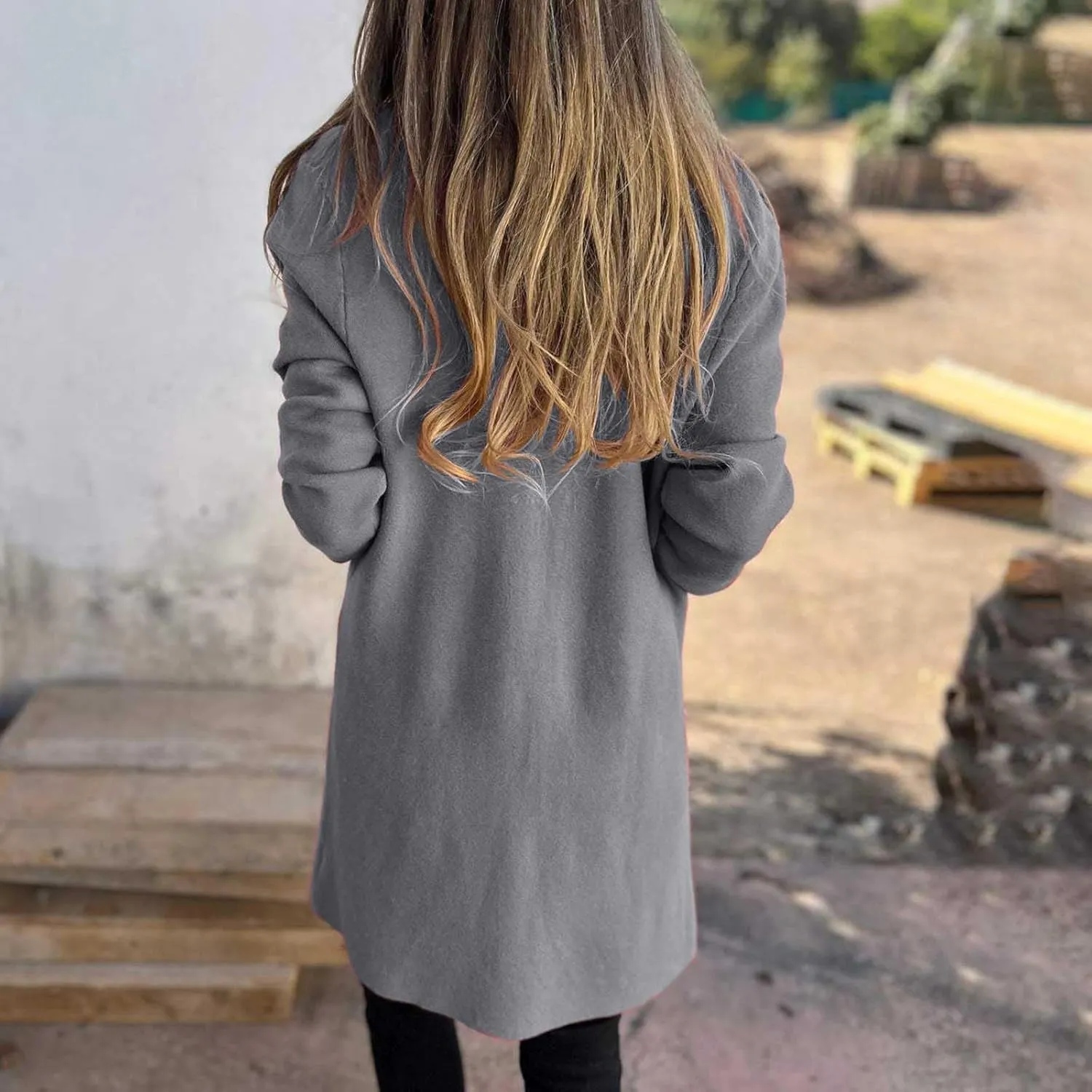 Long Lapel Coat for Women Plus Size Wool Blend Coat Winter Warm Peacoat Casual Open Front Cardigan Tops with Pockets