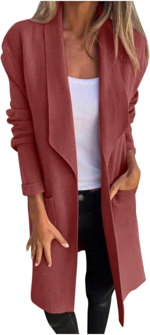 Long Lapel Coat for Women Plus Size Wool Blend Coat Winter Warm Peacoat Casual Open Front Cardigan Tops with Pockets