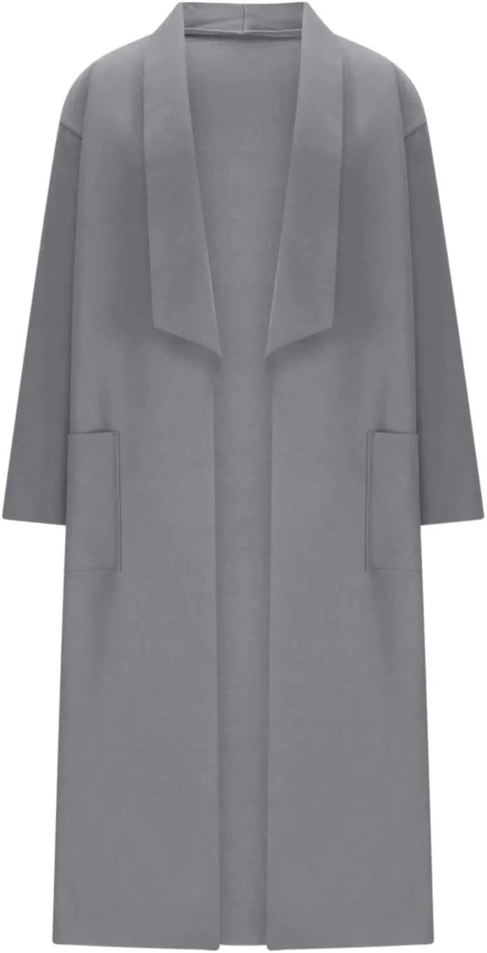 Long Lapel Coat for Women Plus Size Wool Blend Coat Winter Warm Peacoat Casual Open Front Cardigan Tops with Pockets
