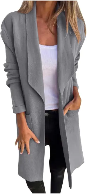Long Lapel Coat for Women Plus Size Wool Blend Coat Winter Warm Peacoat Casual Open Front Cardigan Tops with Pockets