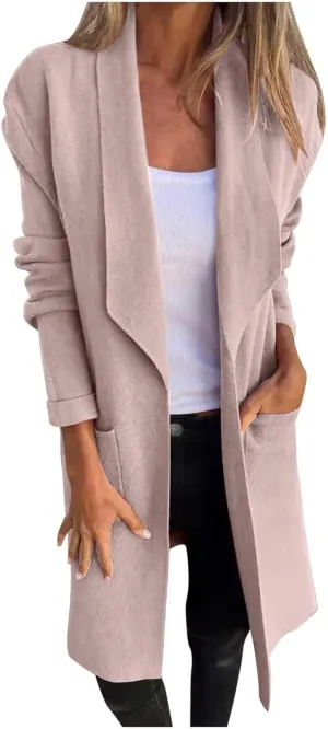Long Lapel Coat for Women Plus Size Wool Blend Coat Winter Warm Peacoat Casual Open Front Cardigan Tops with Pockets