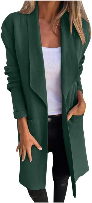 Long Lapel Coat for Women Plus Size Wool Blend Coat Winter Warm Peacoat Casual Open Front Cardigan Tops with Pockets