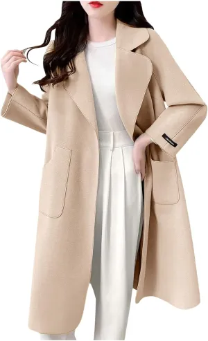 Long Trench Coat for Women Notch Lapel Pea Coat Plus Size Wool Blend Coats Open Front Cardigan Dressy Winter Coat