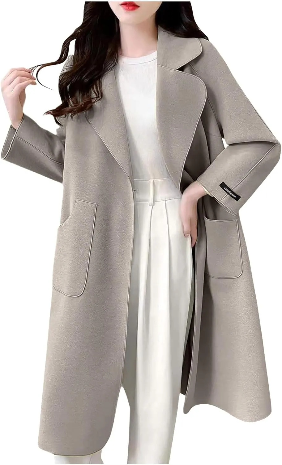 Long Trench Coat for Women Notch Lapel Pea Coat Plus Size Wool Blend Coats Open Front Cardigan Dressy Winter Coat