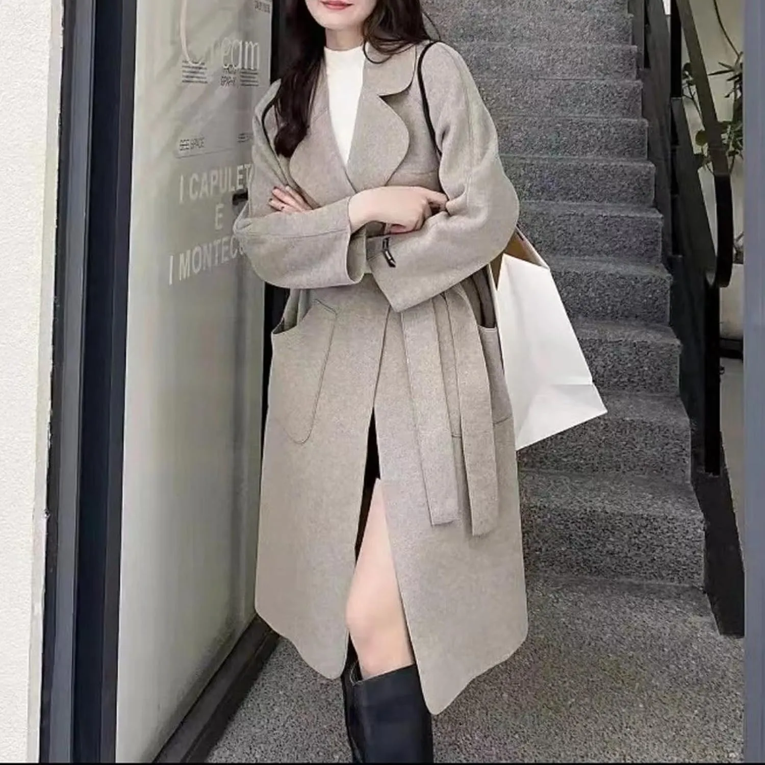 Long Trench Coat for Women Notch Lapel Pea Coat Plus Size Wool Blend Coats Open Front Cardigan Dressy Winter Coat