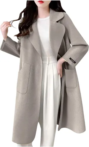 Long Trench Coat for Women Notch Lapel Pea Coat Plus Size Wool Blend Coats Open Front Cardigan Dressy Winter Coat