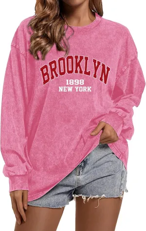 Los Angeles Brooklyn Letter Graphic Shirts Oversized Vintage Tshirt for Women Trendy Long Sleeve Pullover Tees Tops