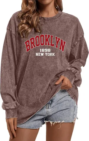 Los Angeles Brooklyn Letter Graphic Shirts Oversized Vintage Tshirt for Women Trendy Long Sleeve Pullover Tees Tops