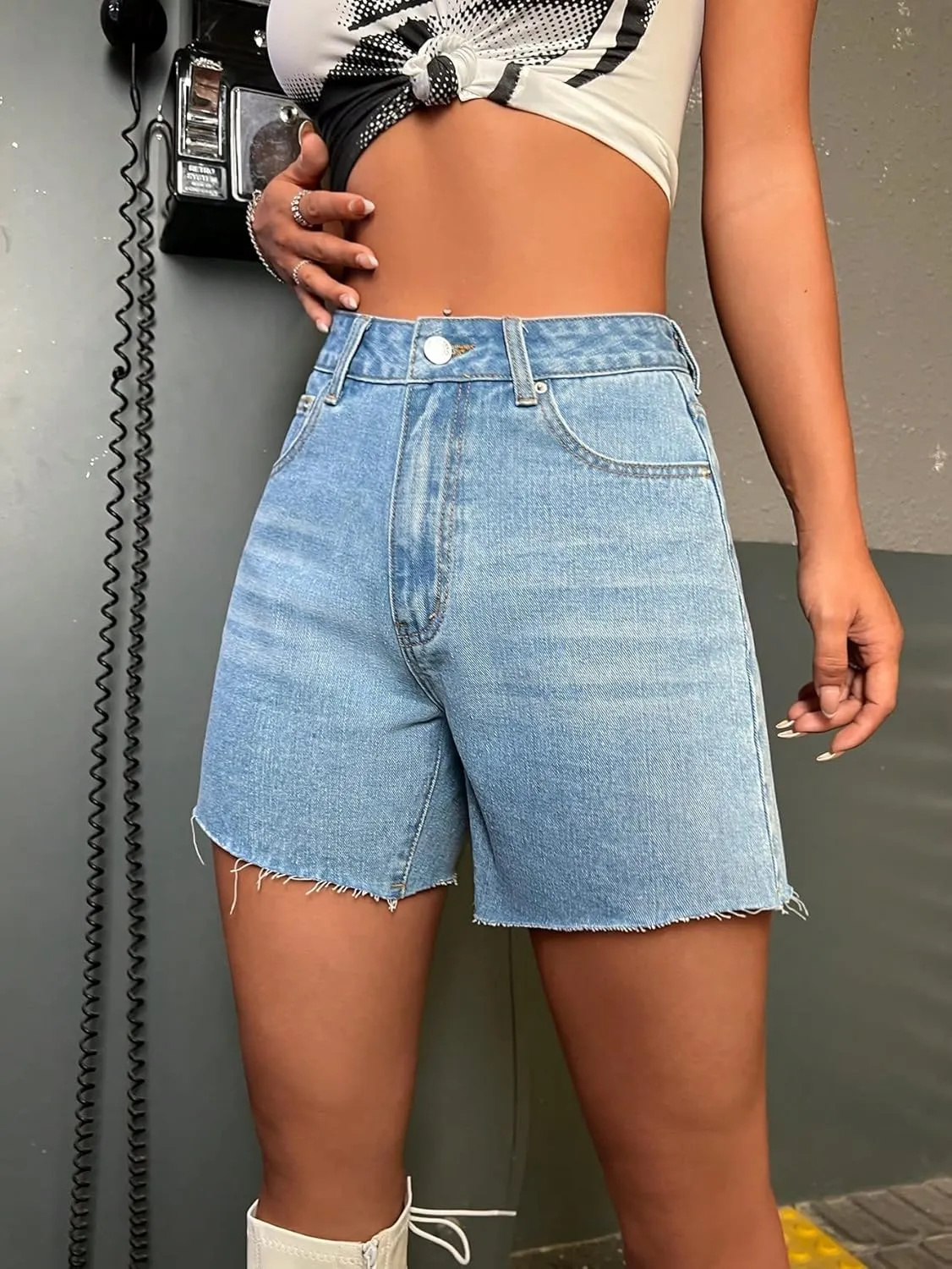 MakeMeChic Women's Jean Shorts Casual High Waisted Long Denim Shorts