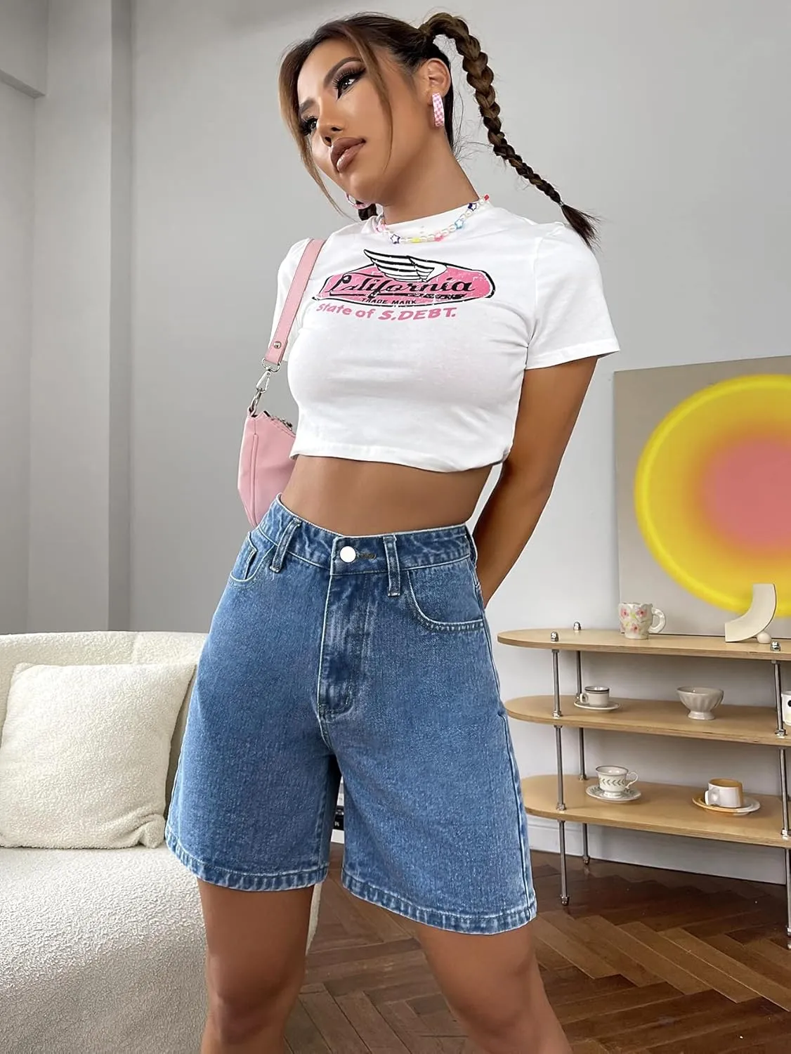 MakeMeChic Women's Jean Shorts Casual High Waisted Long Denim Shorts