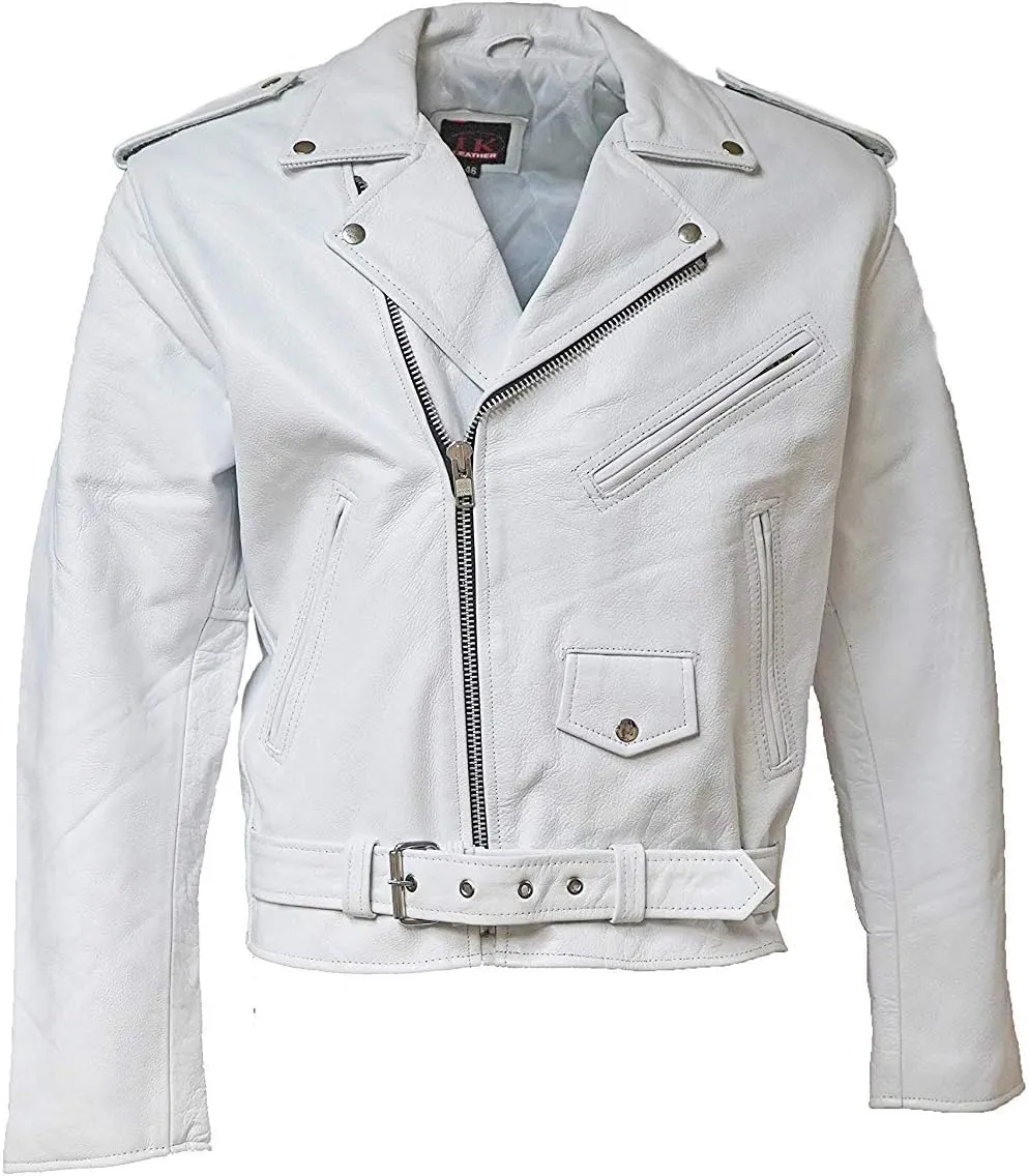MC Classic Men's Motorcycle Biker Jacket Genuine Leather (48, White)