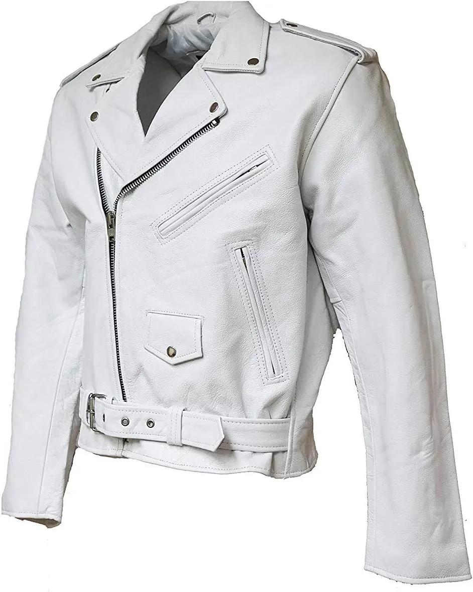 MC Classic Men's Motorcycle Biker Jacket Genuine Leather (48, White)