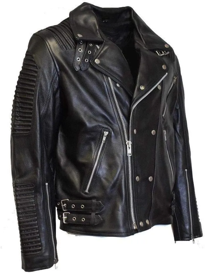 MC Refashioned Men's Motorcycle Biker Jacket Black Genuine Leather (XXL)