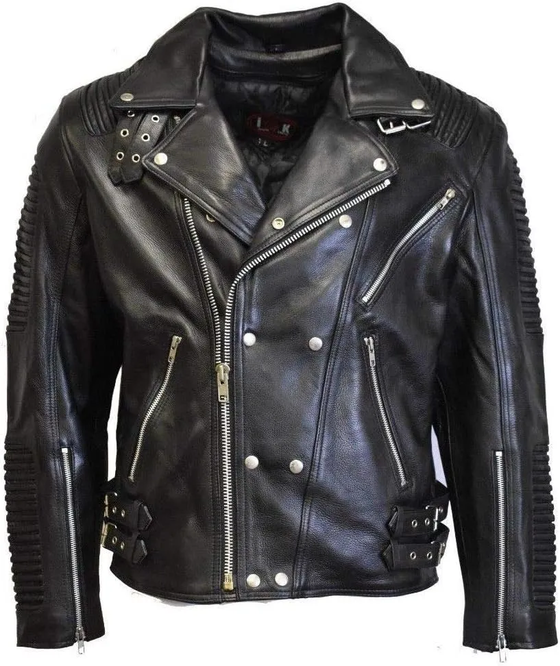 MC Refashioned Men's Motorcycle Biker Jacket Black Genuine Leather (XXL)