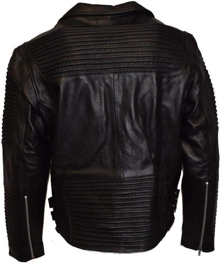MC Refashioned Men's Motorcycle Biker Jacket Black Genuine Leather (XXL)