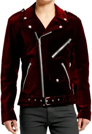 Men Gothic Moto Meroon Velvet Motorcycle Jacket Punk Biker Jacket