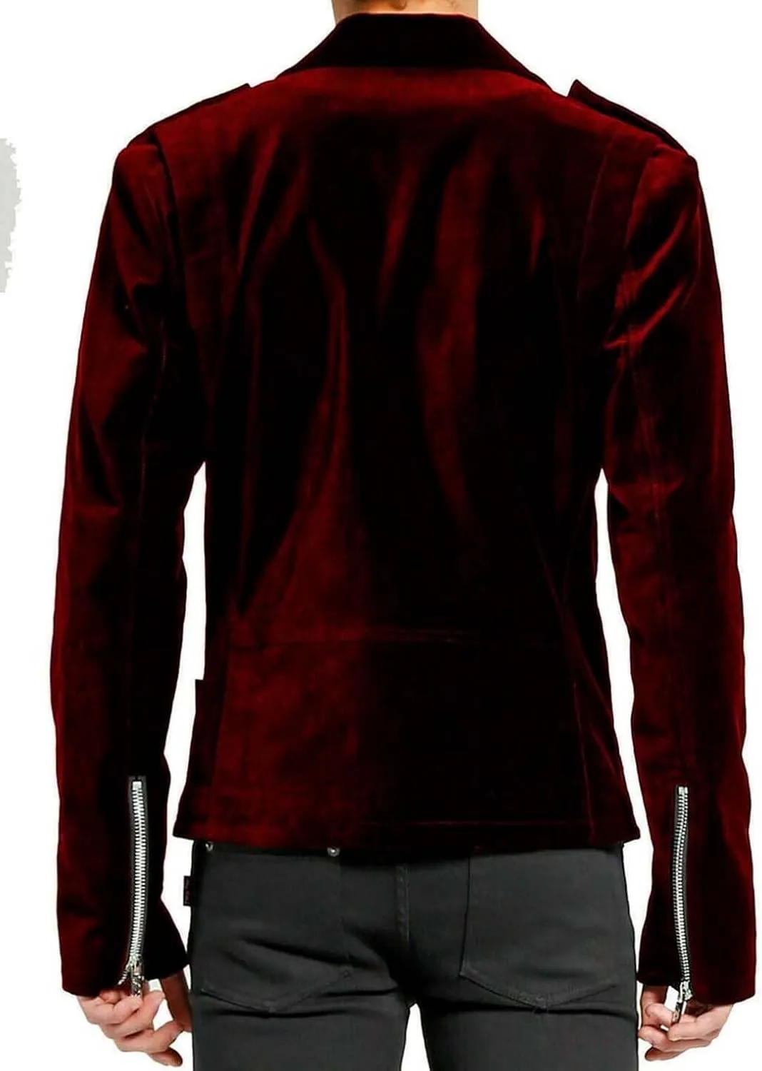 Men Gothic Moto Meroon Velvet Motorcycle Jacket Punk Biker Jacket