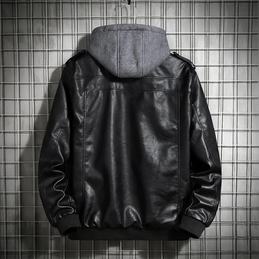 MEN Hooded Leather Jacket PU Motorcycle Solid Mandarin Collar Zipper Leather Coat
