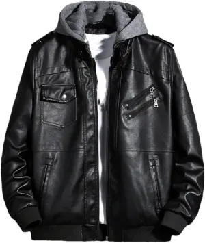 MEN Hooded Leather Jacket PU Motorcycle Solid Mandarin Collar Zipper Leather Coat