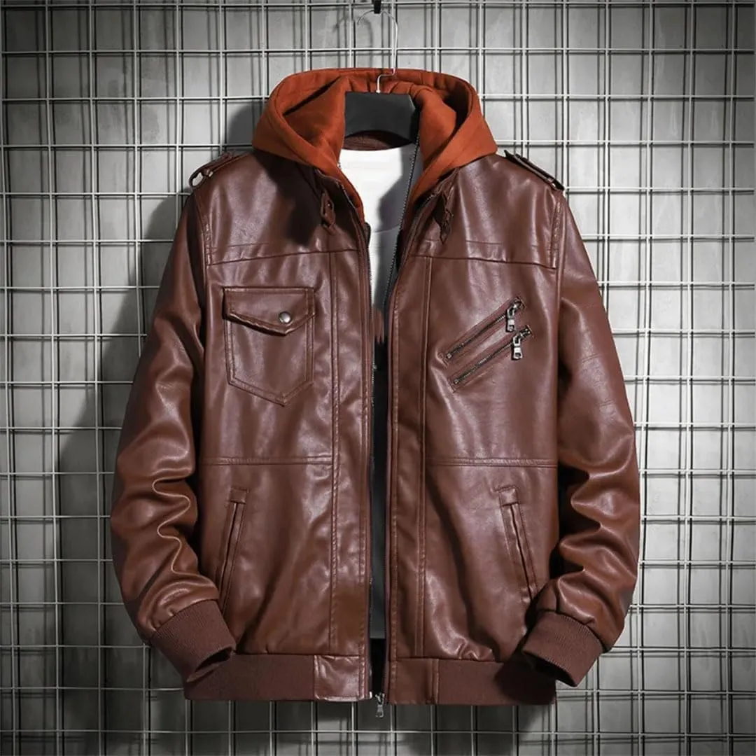 MEN Hooded Leather Jacket PU Motorcycle Solid Mandarin Collar Zipper Leather Coat