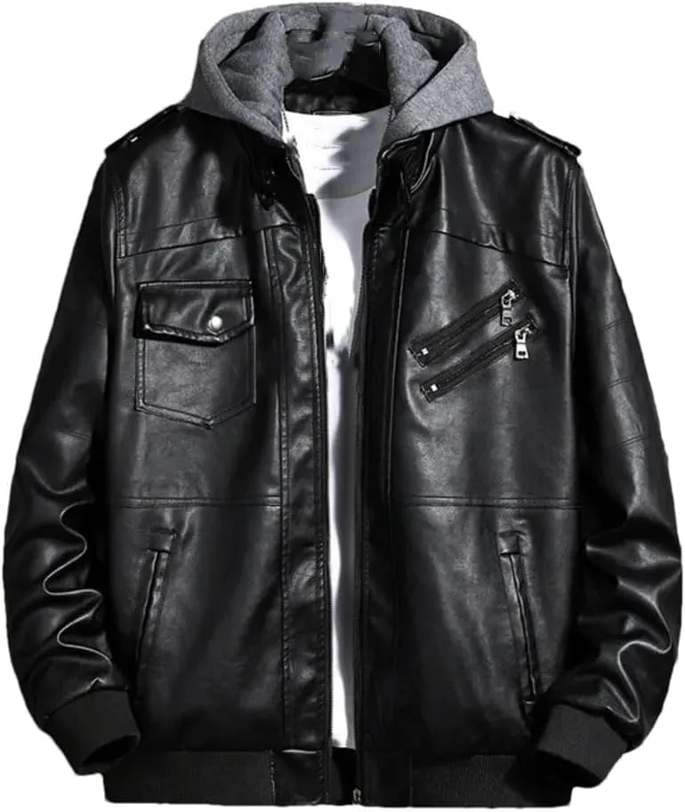 MEN Hooded Leather Jacket PU Motorcycle Solid Mandarin Collar Zipper Leather Coat