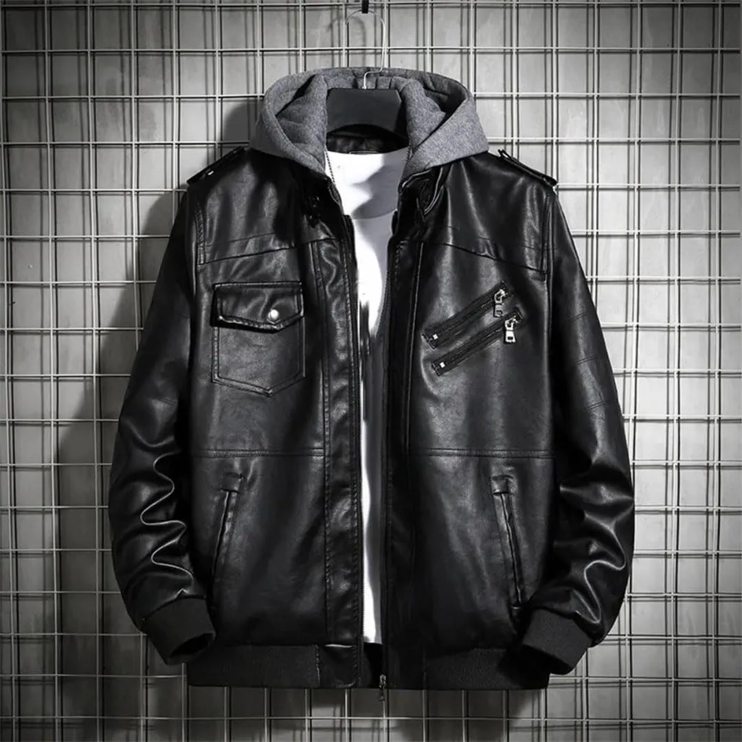 MEN Hooded Leather Jacket PU Motorcycle Solid Mandarin Collar Zipper Leather Coat