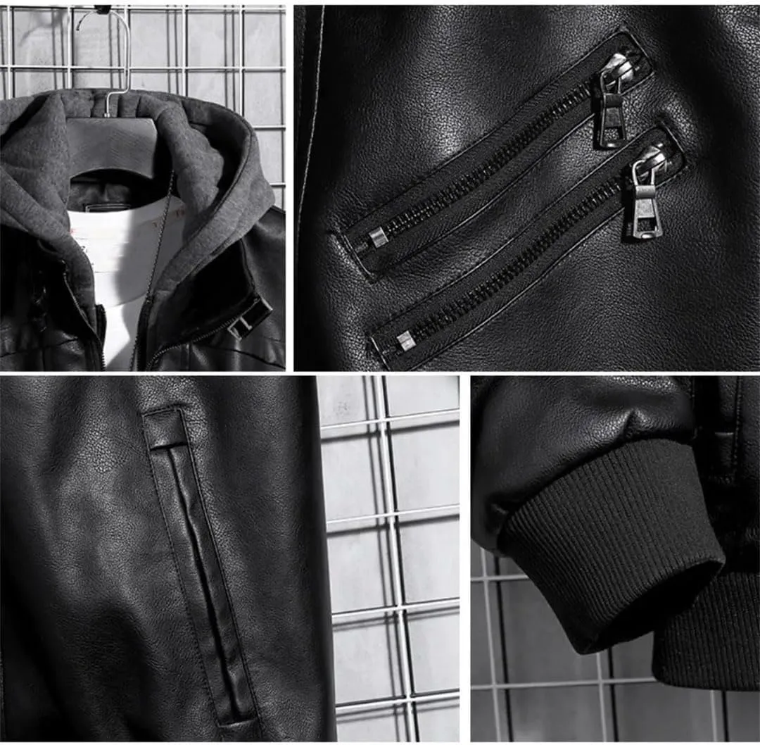 MEN Hooded Leather Jacket PU Motorcycle Solid Mandarin Collar Zipper Leather Coat