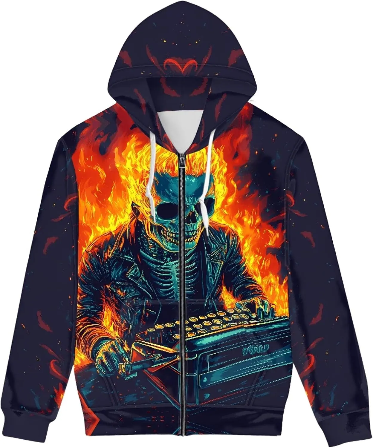 Men Novelty 3D Skull Print Long Sleeve Zip up Hoodies Pullover Sweatshirts with Pocket