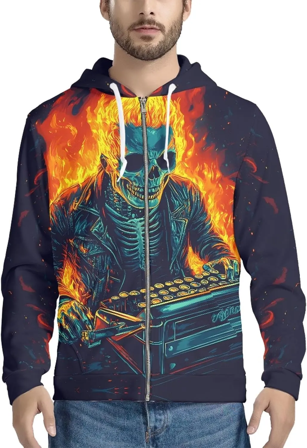 Men Novelty 3D Skull Print Long Sleeve Zip up Hoodies Pullover Sweatshirts with Pocket