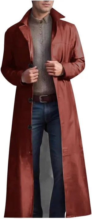 Men PU Leather Jacket Slim Fit Long Faux Leather Coats Winter Windproof Trench Coat Fashion Button Jacket Outerwear